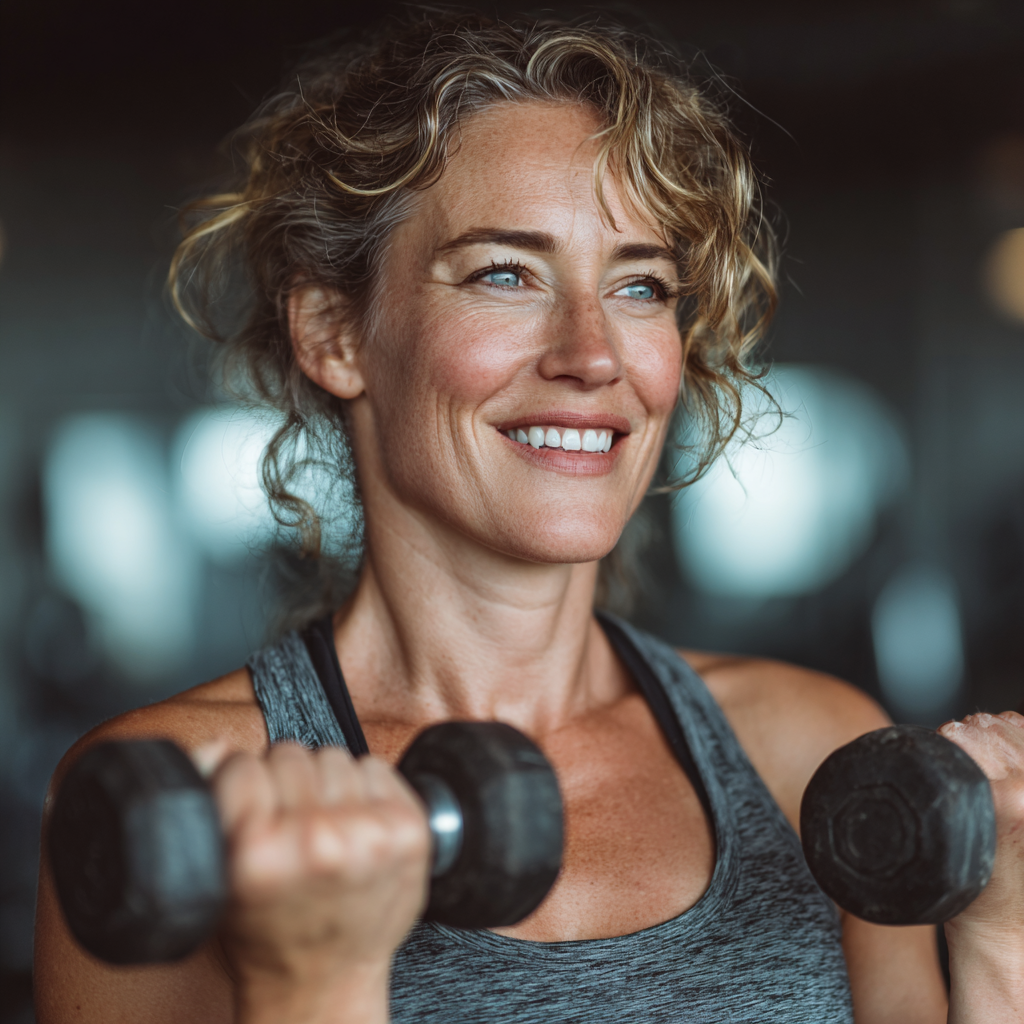 Active woman in her late forties doing strength training with dumbbells in modern gym, smiling confidently while performing bicep curls