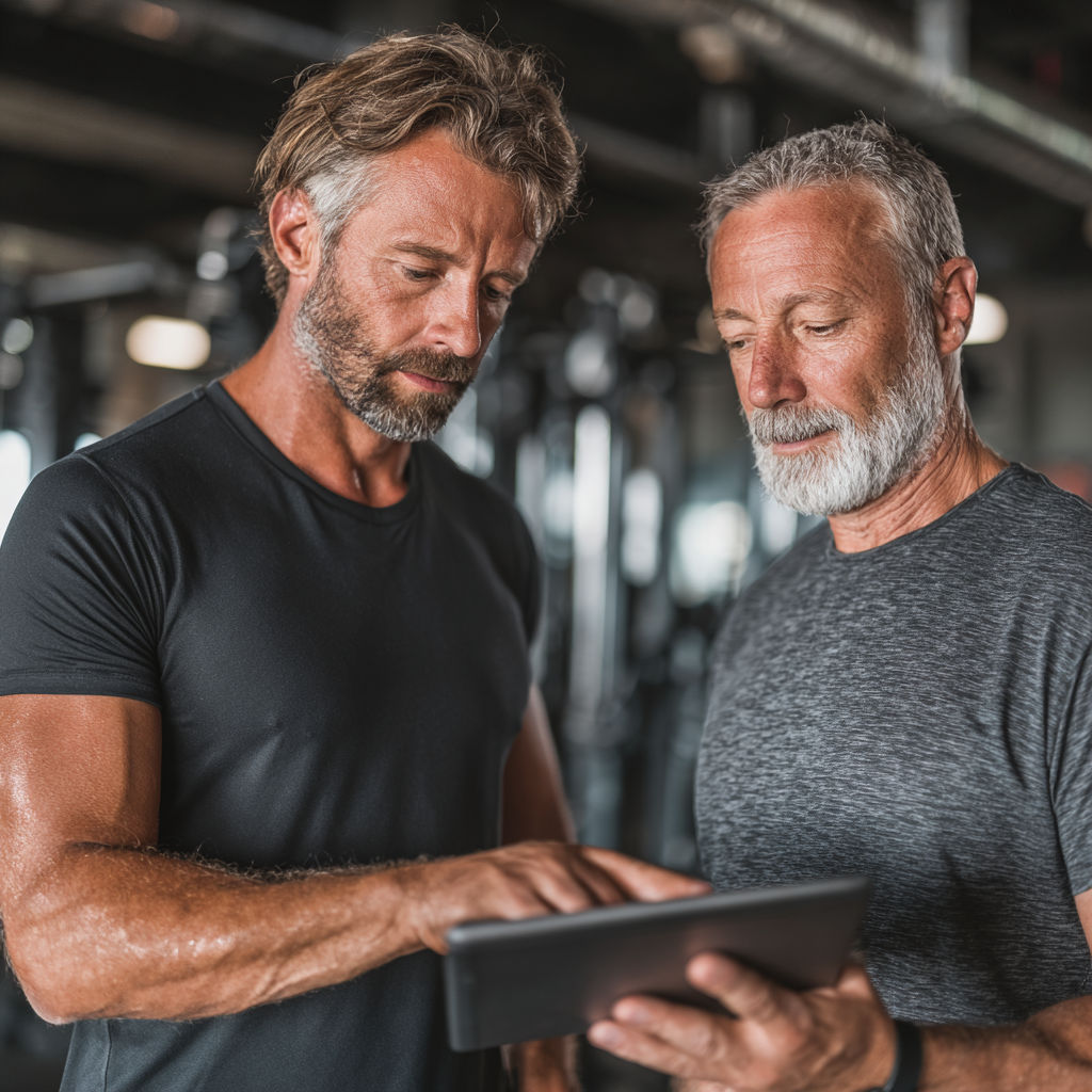 Experienced male fitness coach in his fifties consulting with mature client, reviewing personalized training program on tablet in bright modern gym environment