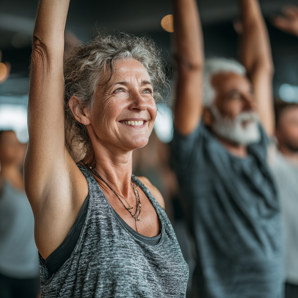 Group of diverse active adults aged 40-55 doing group fitness class together, including stretching and balance exercises, showing joy and community spirit in spacious wellness center